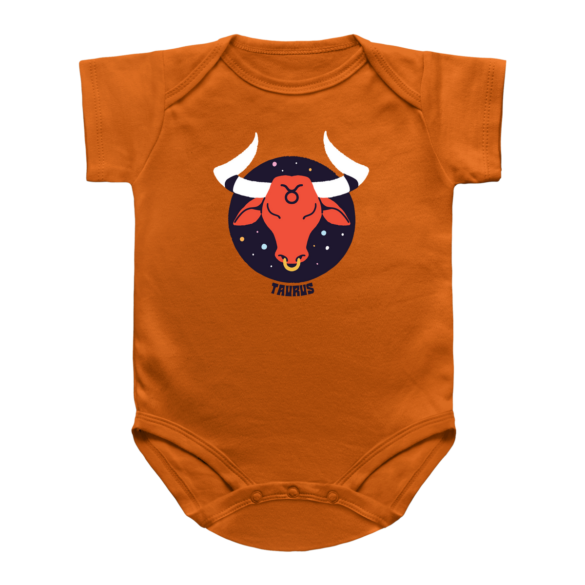 An orange infant onesie with a colorful retro graphic on the chest that reads &