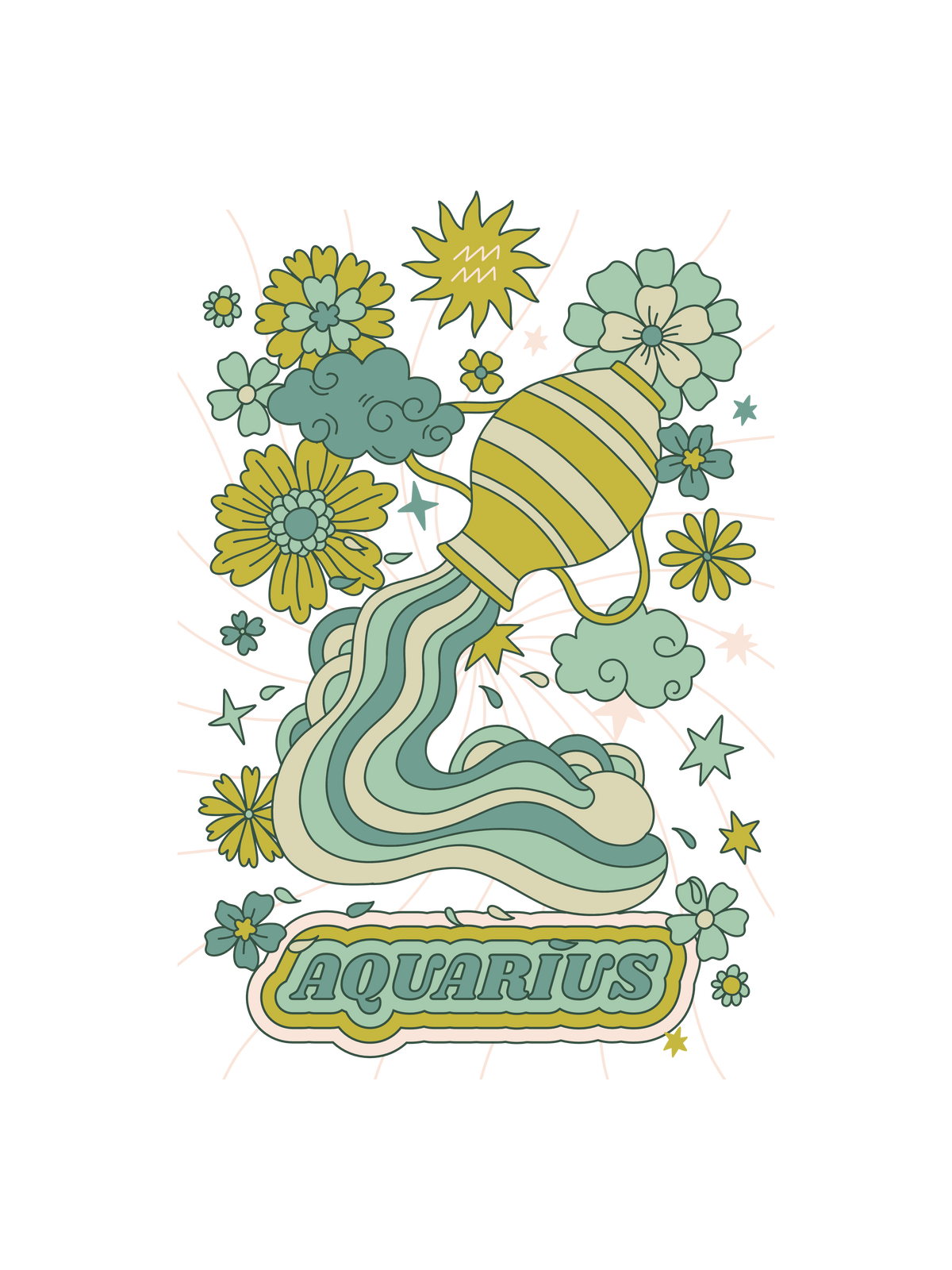 A tarot graphic of an Aquarius zodiac sign surrounded by flowers.