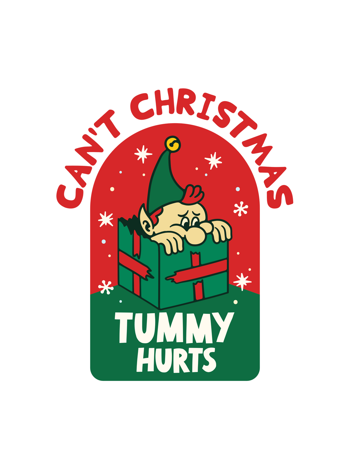 A Christmas-themed graphic of a cartoon baby peeking out of a green gift box under the red text &