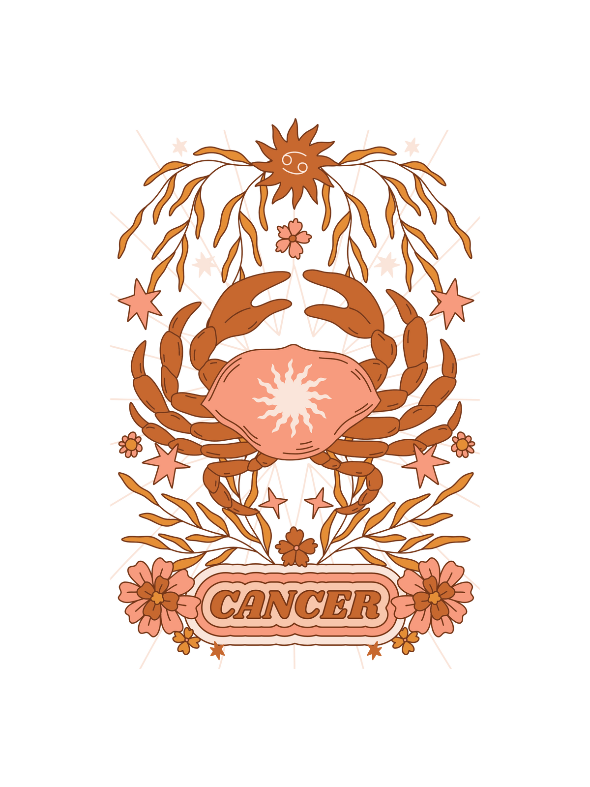 A graphic featuring a tarot style orange and pink crab graphic for the astrology sign Cancer.
