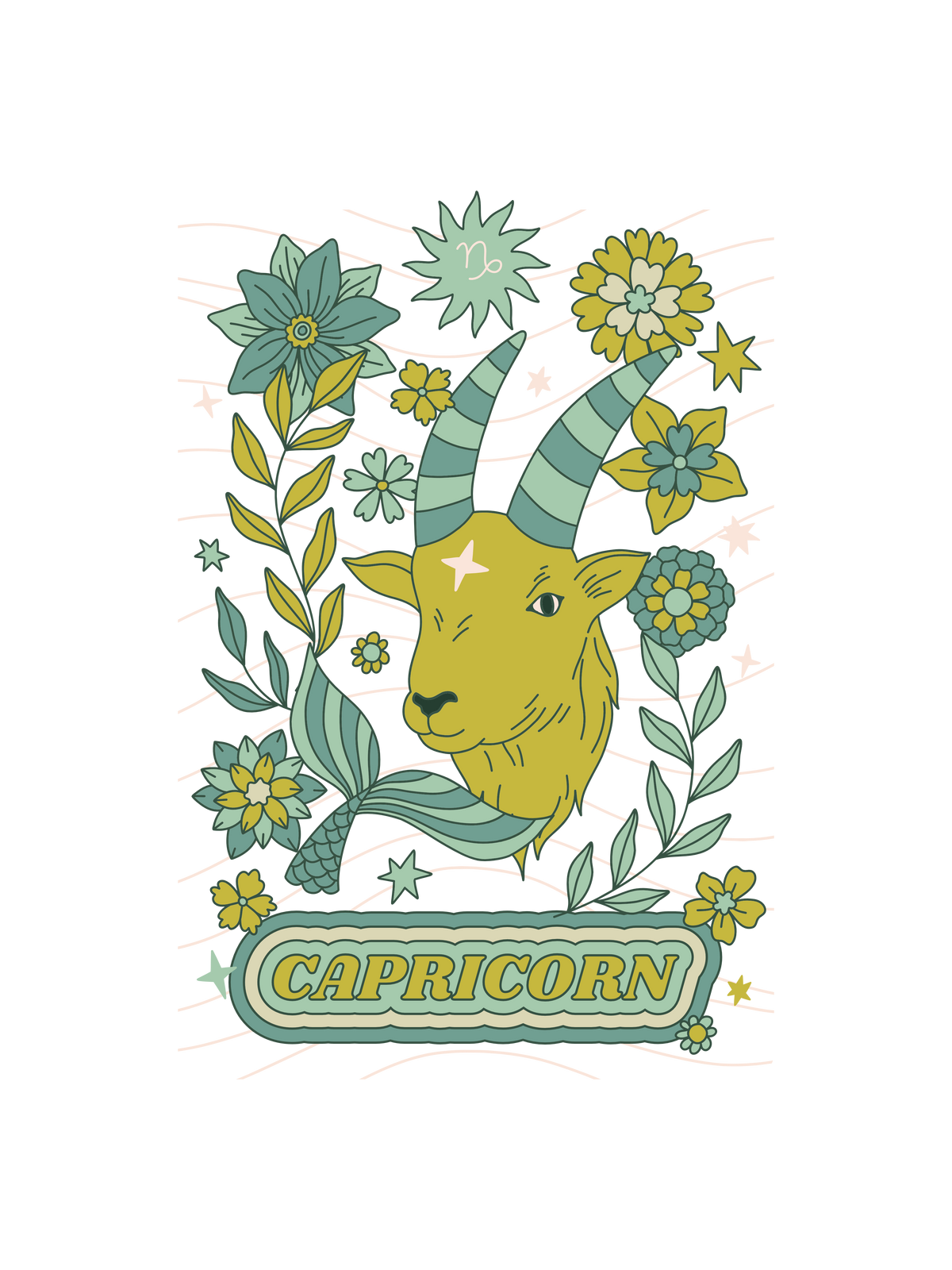 A tarot Capricorn astrology goat surrounded by flowers, with the word &