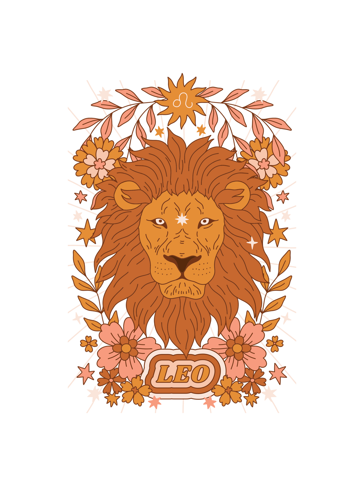A tarot graphic of a lion Leo astrology sign surrounded by flowers, with the word &