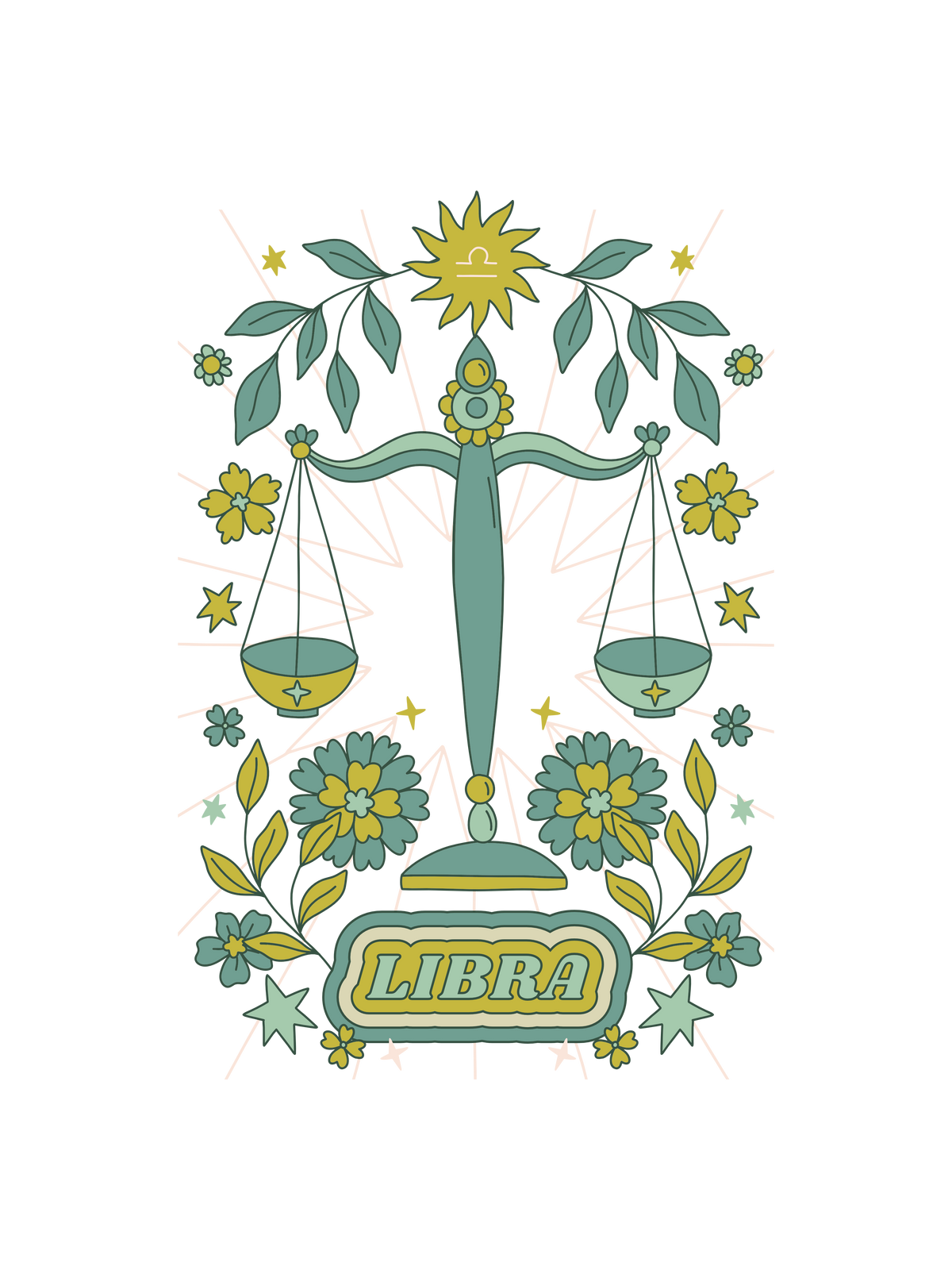 A graphic of a scale of justice Libra surrounded by yellow flowers and green leaves, with the word &