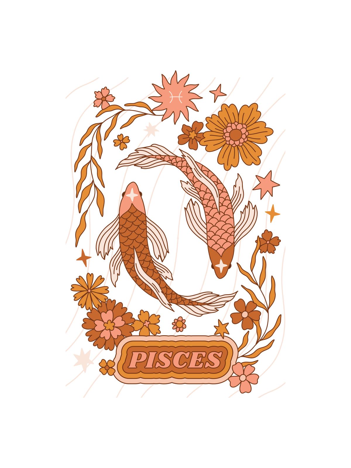 A tarot graphic featuring a Pisces zodiac koi fish, flowers, and the word &
