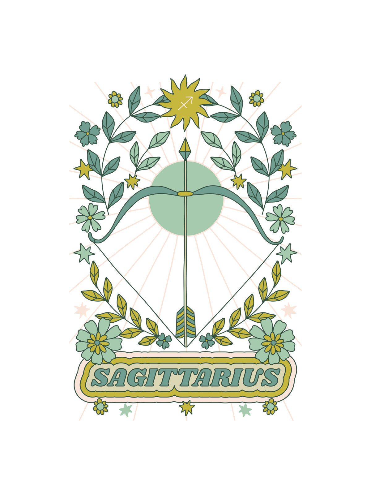 A tarot Sagittarius astrological graphic, displayed against a solid white background.