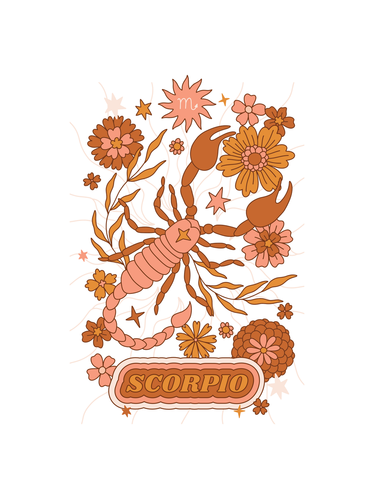 A graphic featuring a tarot Scorpio zodiac graphic with flowers and a scorpion on the front.