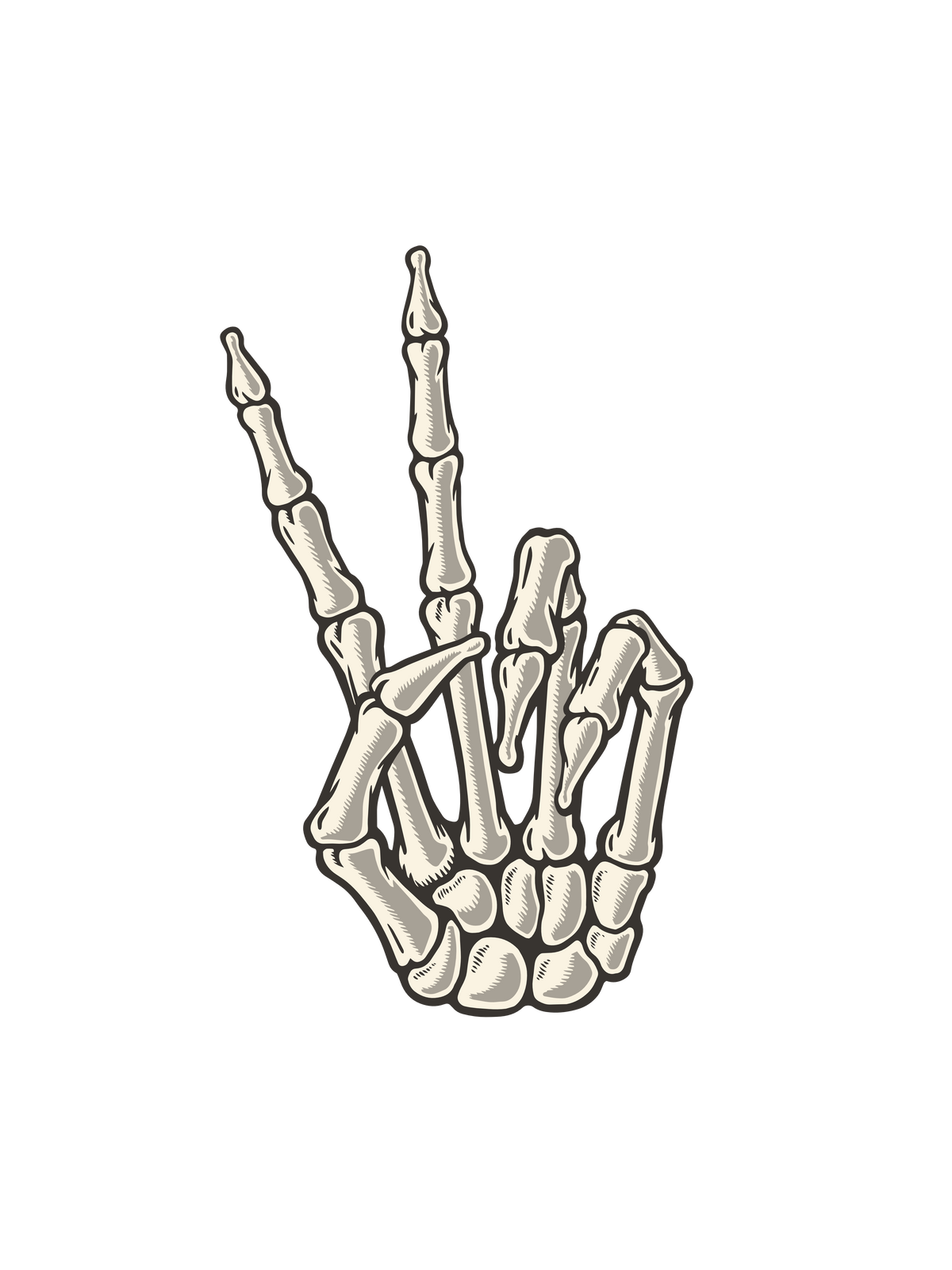 A Halloween skeleton hand graphic making a peace sign.