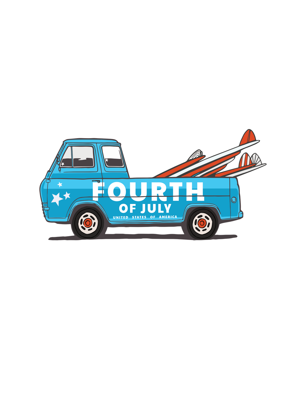 A graphic of a blue surf truck carrying red and white surfboards with the text &