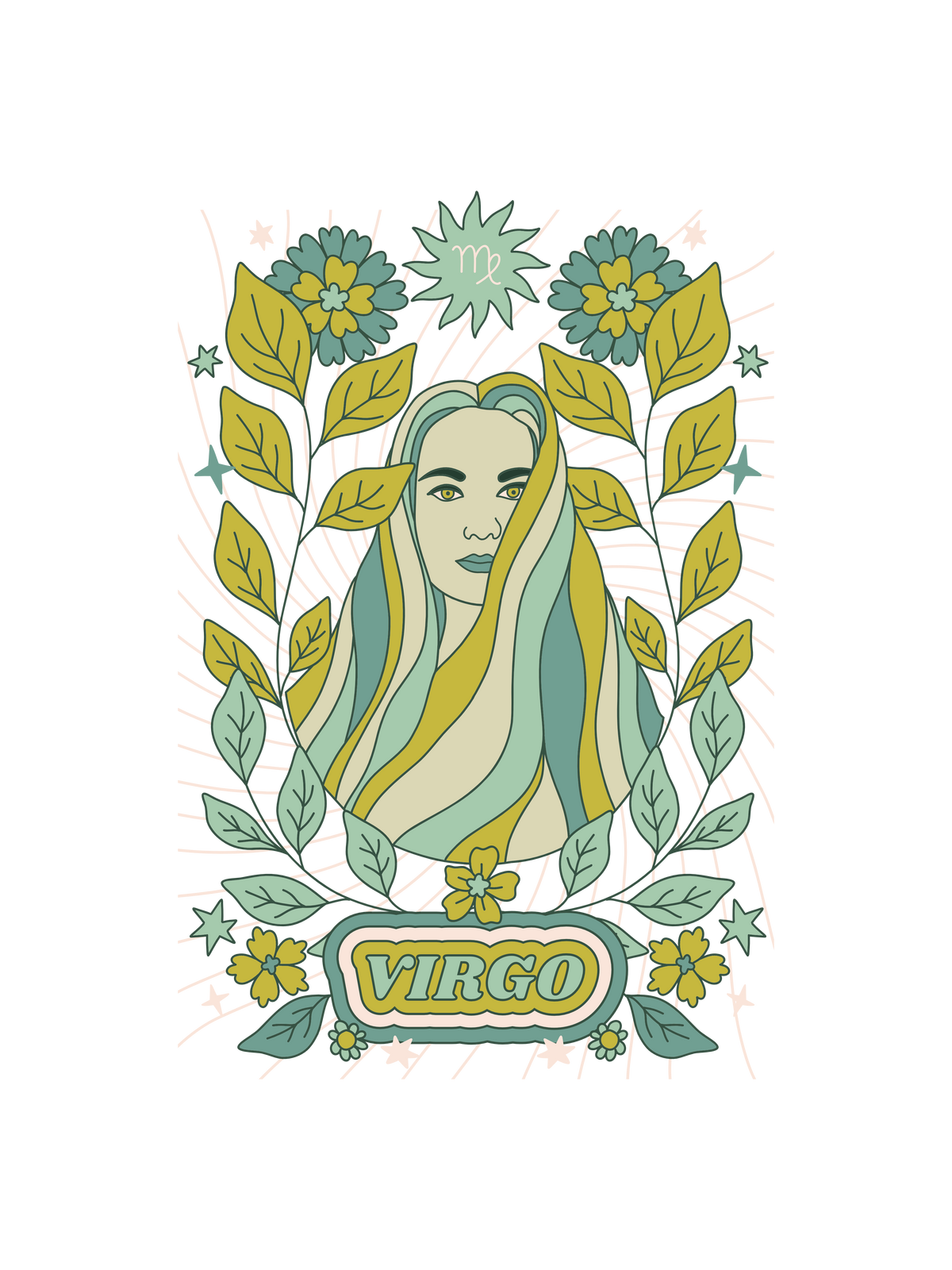 A graphic print of a Virgo-themed card illustration with the word &