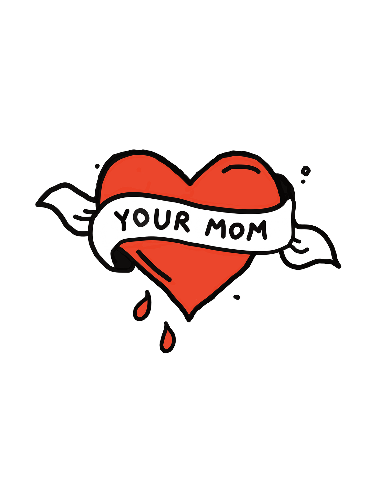 A tattoo graphic of a dripping red heart with a white banner that reads &