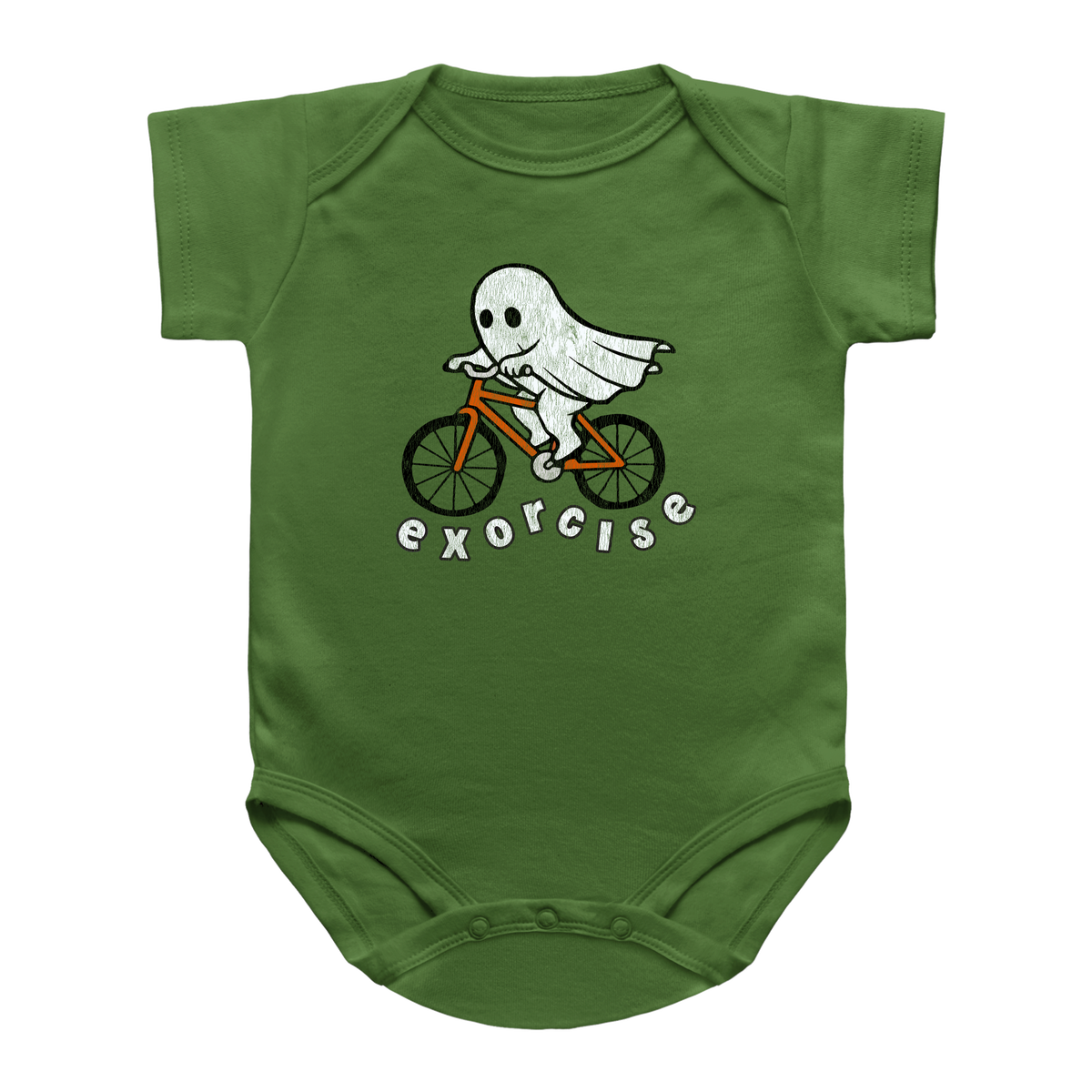 A green short-sleeve infant bodysuit featuring a cartoon ghost riding a bicycle with the word &