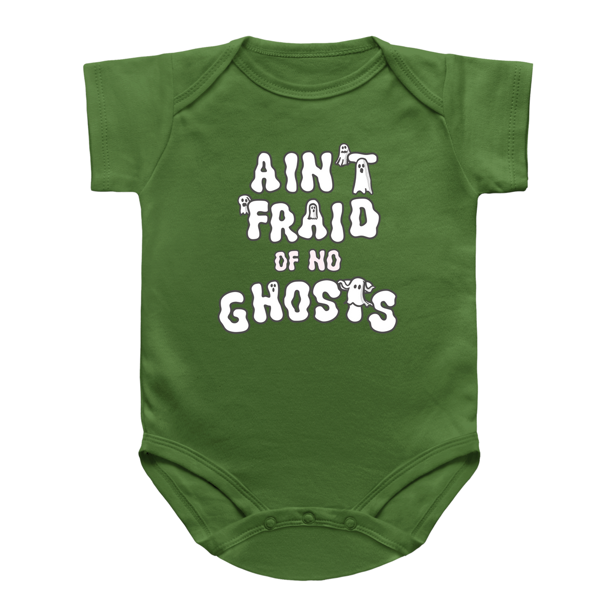 A green infant onesie with short sleeves and a graphic text print that reads &