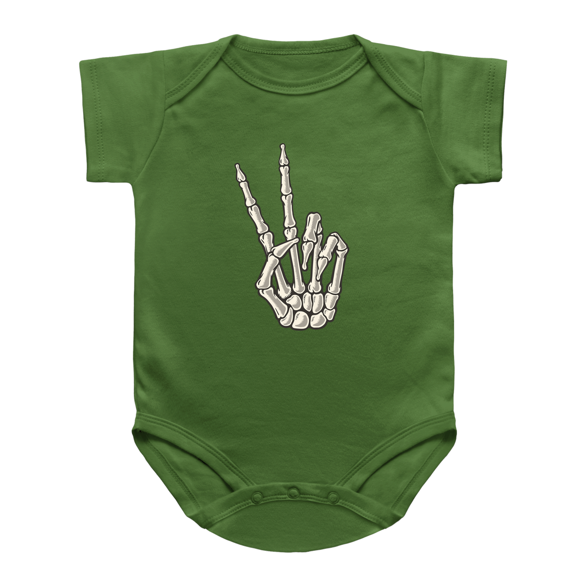 A green short-sleeve infant onesie featuring a skeleton hand graphic making a peace sign on the chest.