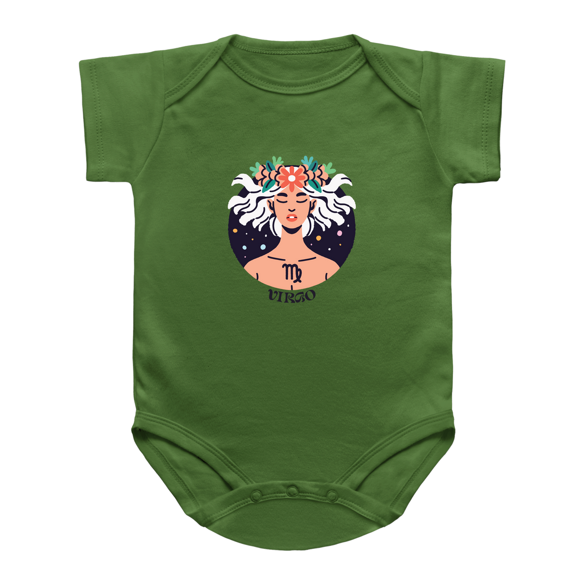 A green infant onesie featuring a central graphic of a woman with white hair, a floral crown, and the Virgo zodiac symbol and name printed below.