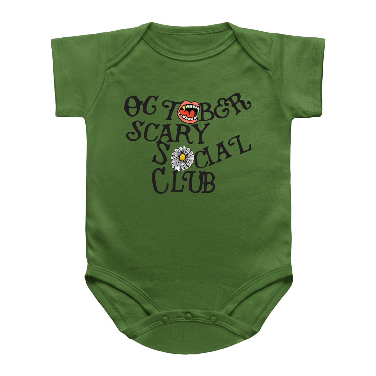 A green short-sleeve infant onesie with a graphic reading &