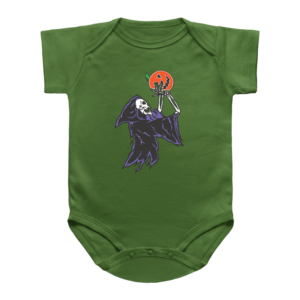 A green short-sleeve baby bodysuit featuring a Halloween graphic of a skeleton holding a carved orange pumpkin above a dark purple hooded figure.