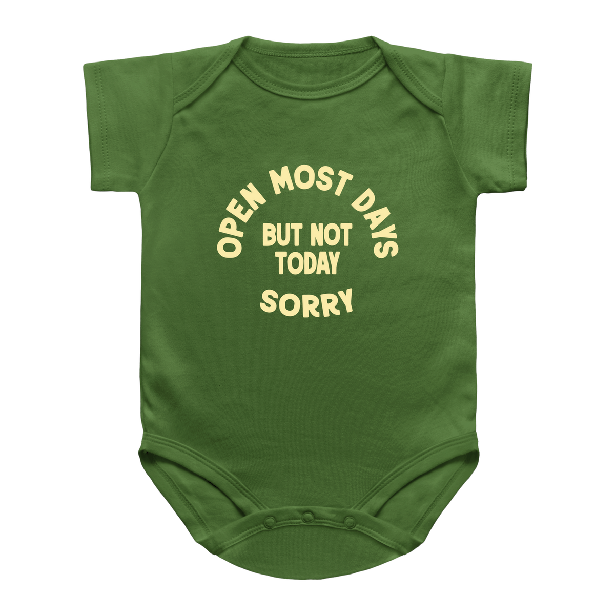 A green short-sleeve infant onesie with yellow text on the chest that reads &