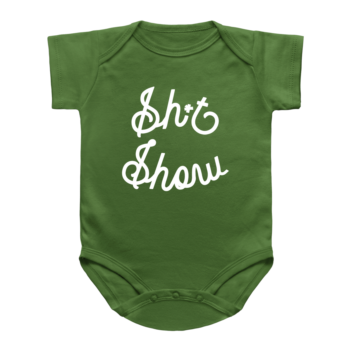 A green short-sleeve baby bodysuit with the phrase &