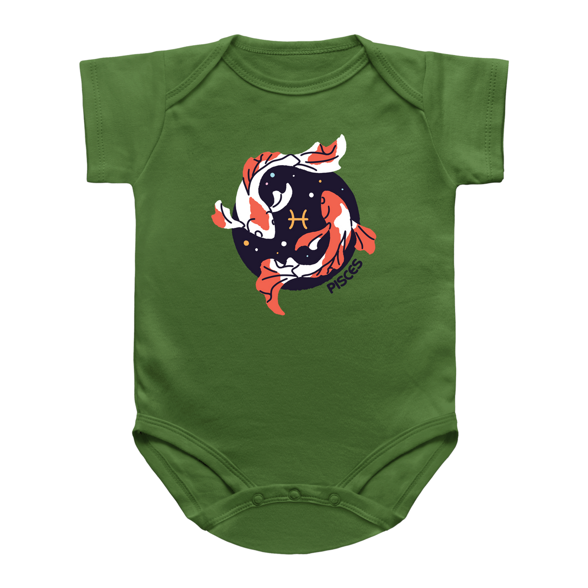 A green short-sleeve infant onesie featuring a Pisces koi fish graphic on the chest, displayed against a solid white background.