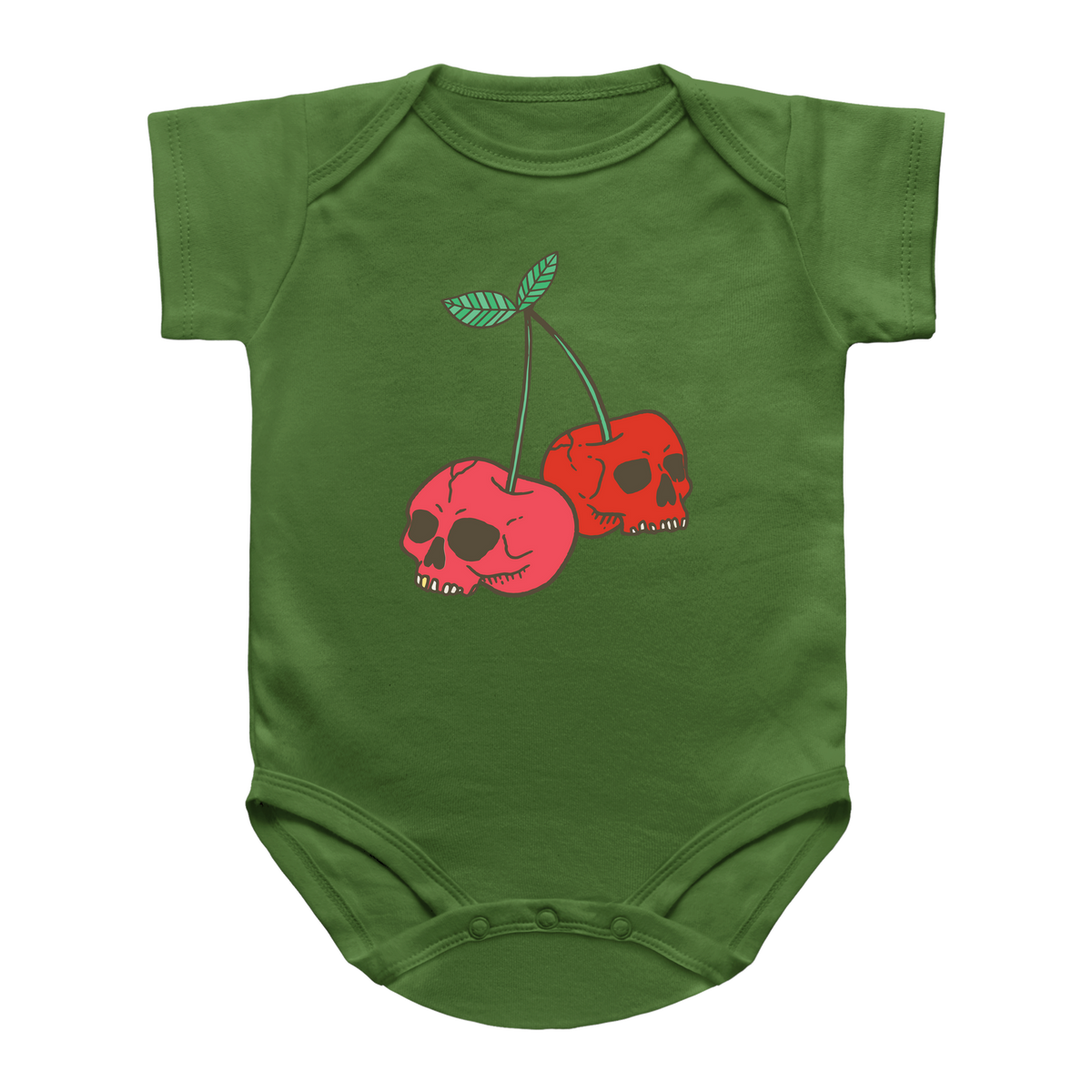 A short-sleeve Halloween green infant bodysuit featuring two cherries shaped like skulls for Halloween.
