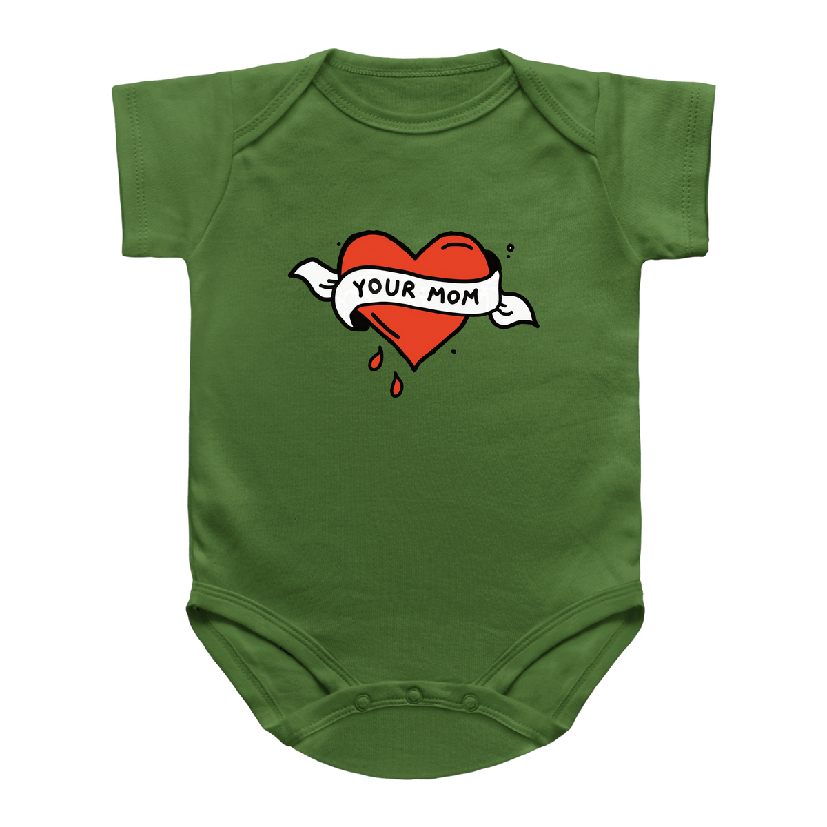 A green short-sleeve baby bodysuit featuring a graphic of a red heart tattoo with a white banner that reads &