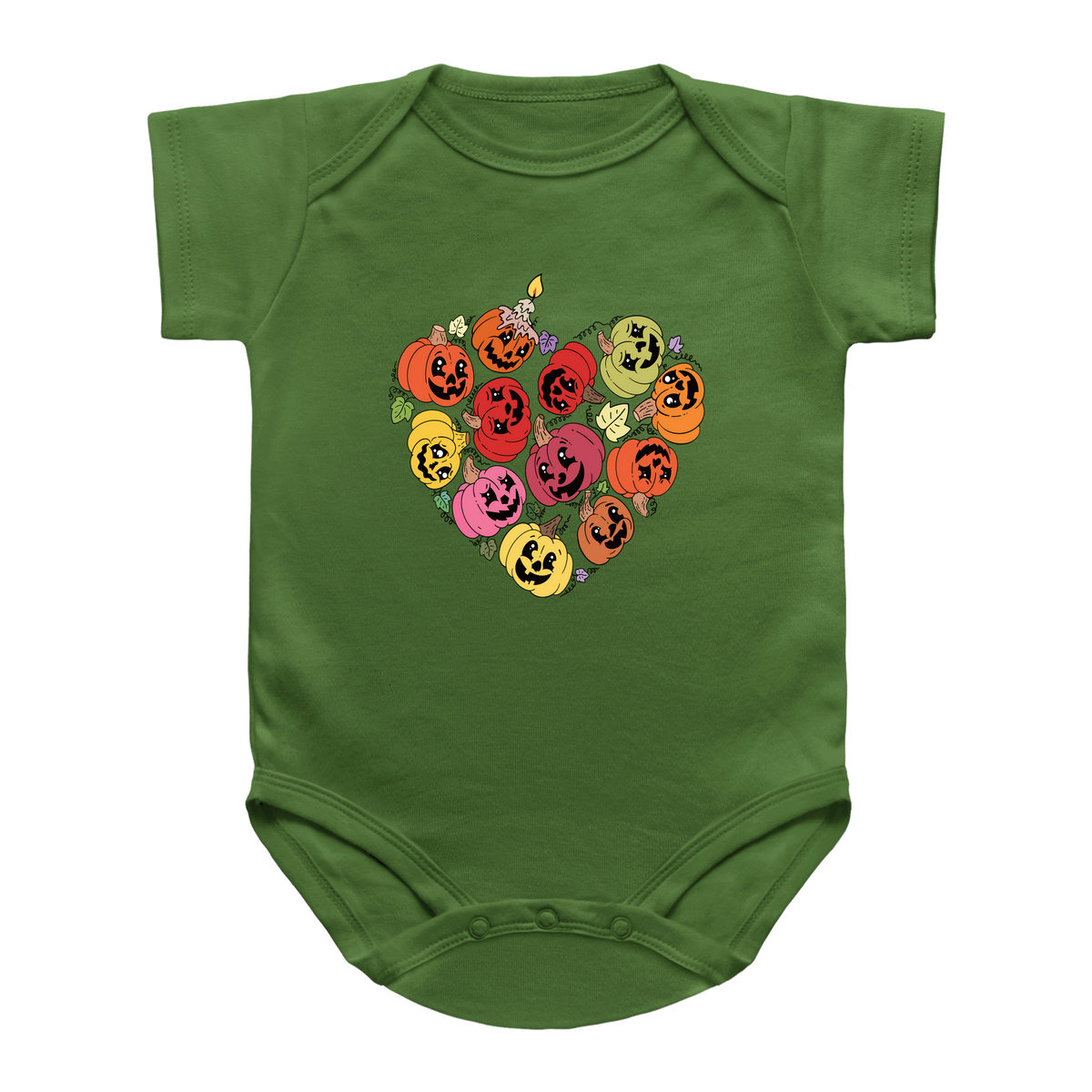 A green infant onesie with a heart-shaped graphic of Halloween jack-o&