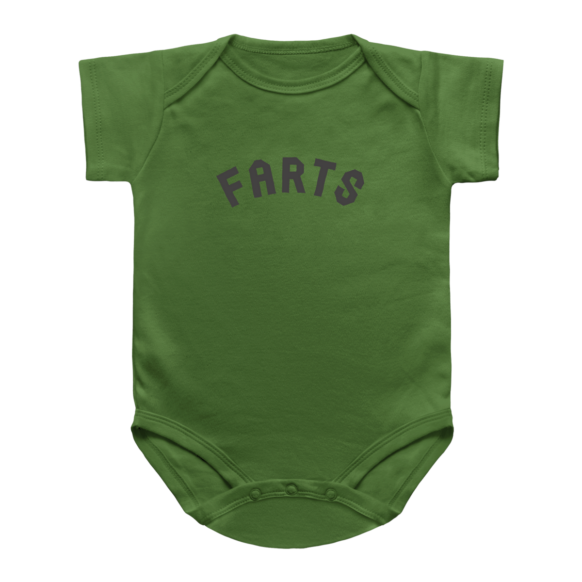 A green infant onesie with the word &