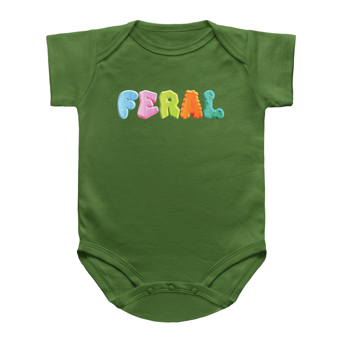 A green short-sleeve infant bodysuit featuring the word &