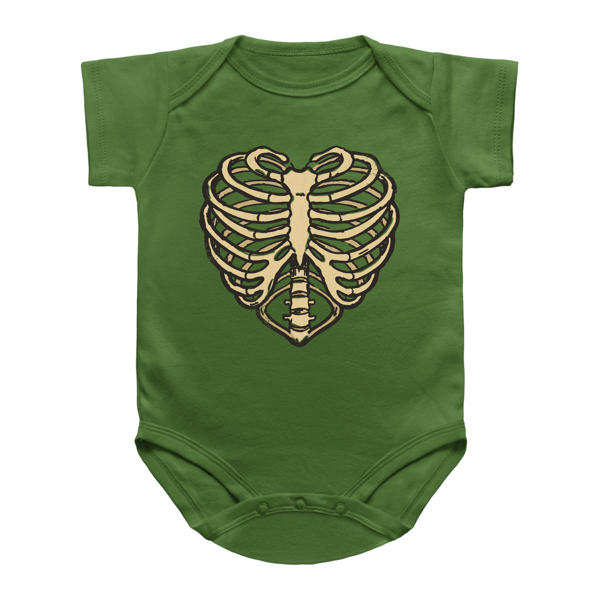A green short-sleeve baby bodysuit featuring a beige and brown rib cage graphic on the chest, displayed against a solid white background.