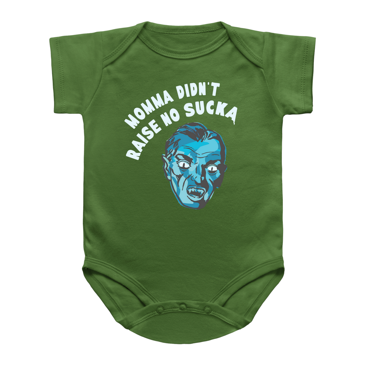 A green short-sleeve baby onesie featuring a graphic of a Halloween dracula that reads &