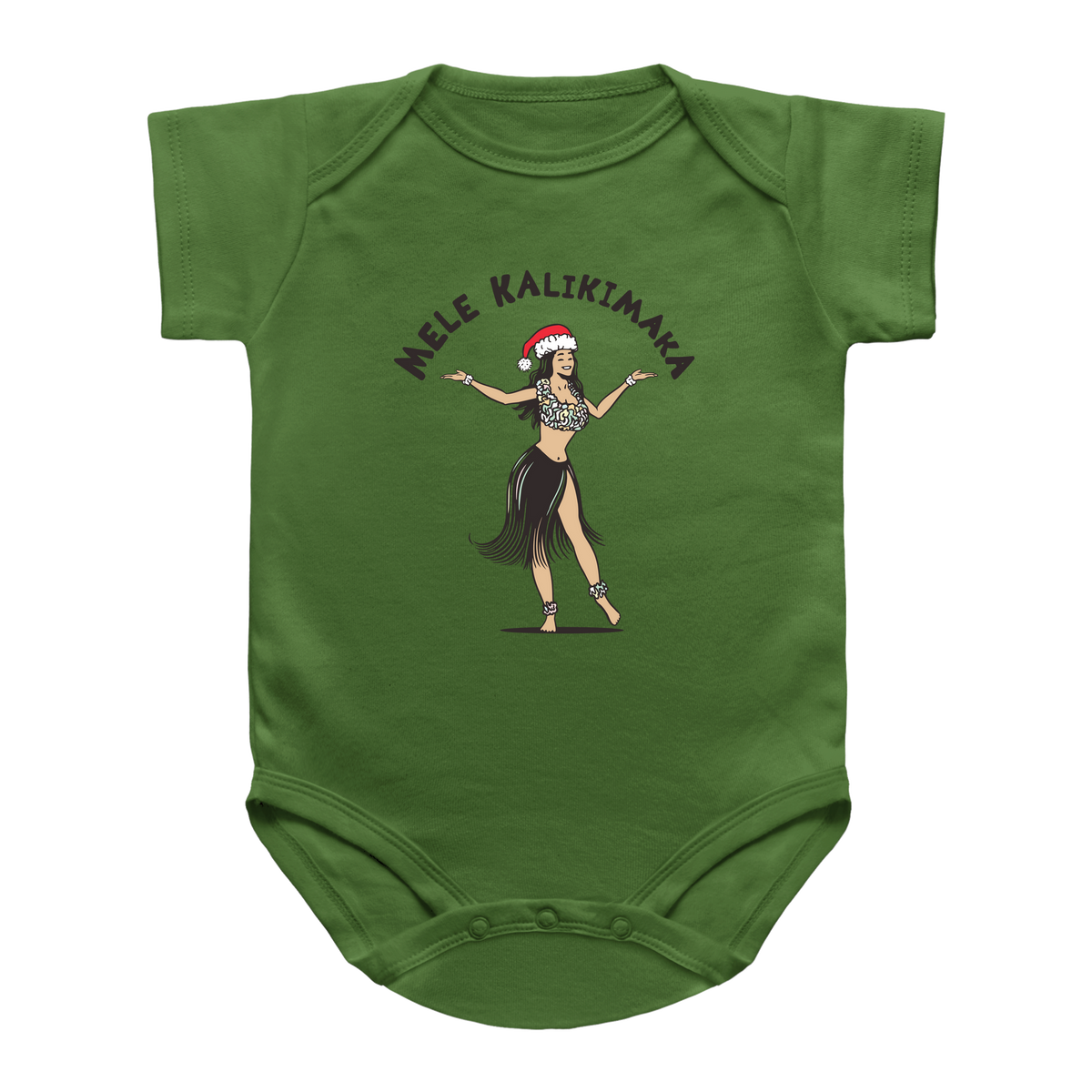 A green short-sleeve baby bodysuit featuring a graphic of a hula dancer with the text &