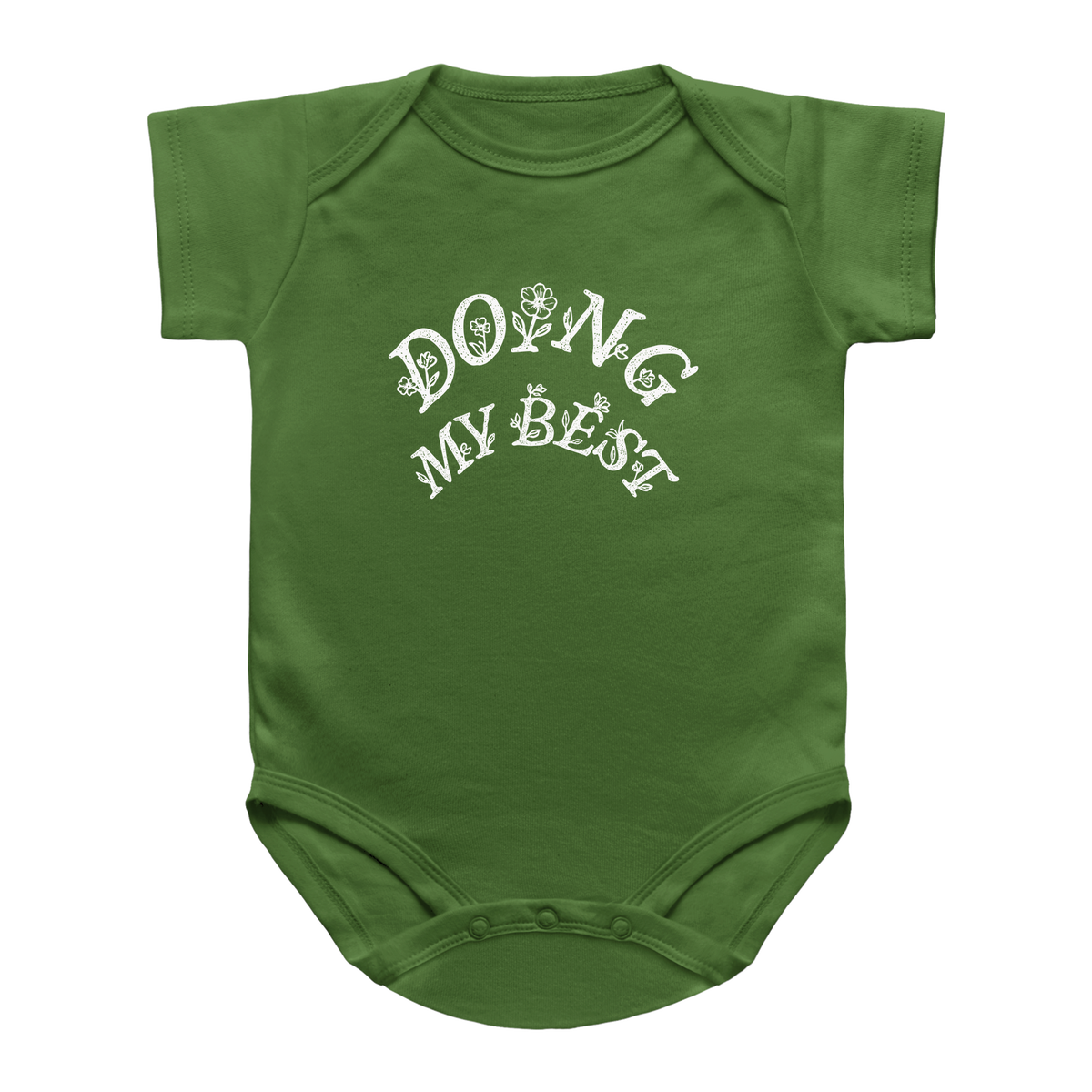 A green short-sleeve baby bodysuit with &