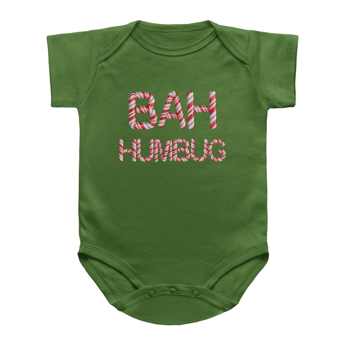 A green short-sleeve infant onesie with &