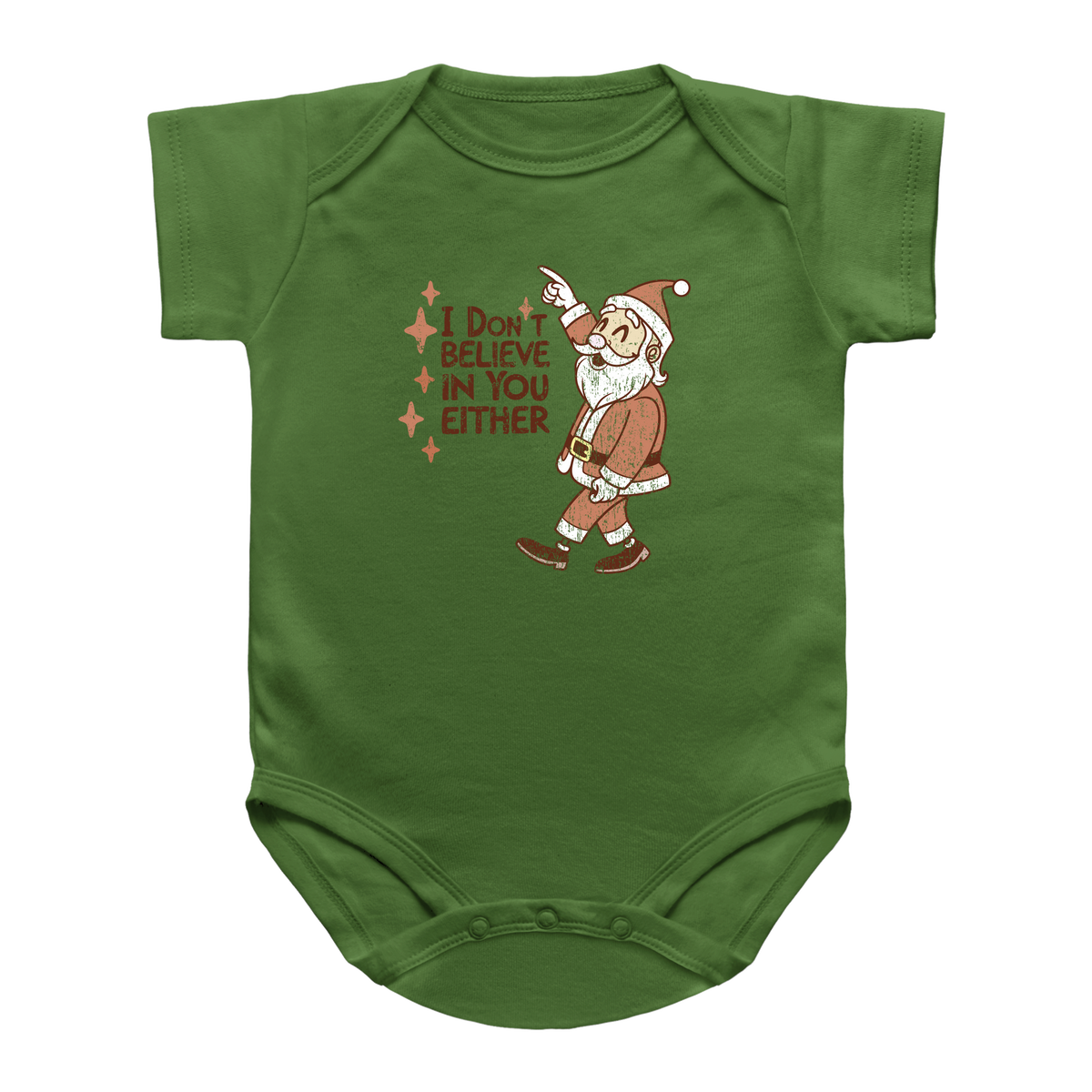 A green infant bodysuit featuring a graphic of a Santa Claus pointing upwards next to the text &