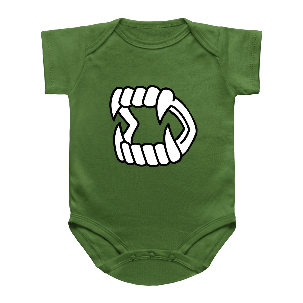A green short-sleeve baby onesie featuring a white Halloween vampire fang kid toy printed on the chest.