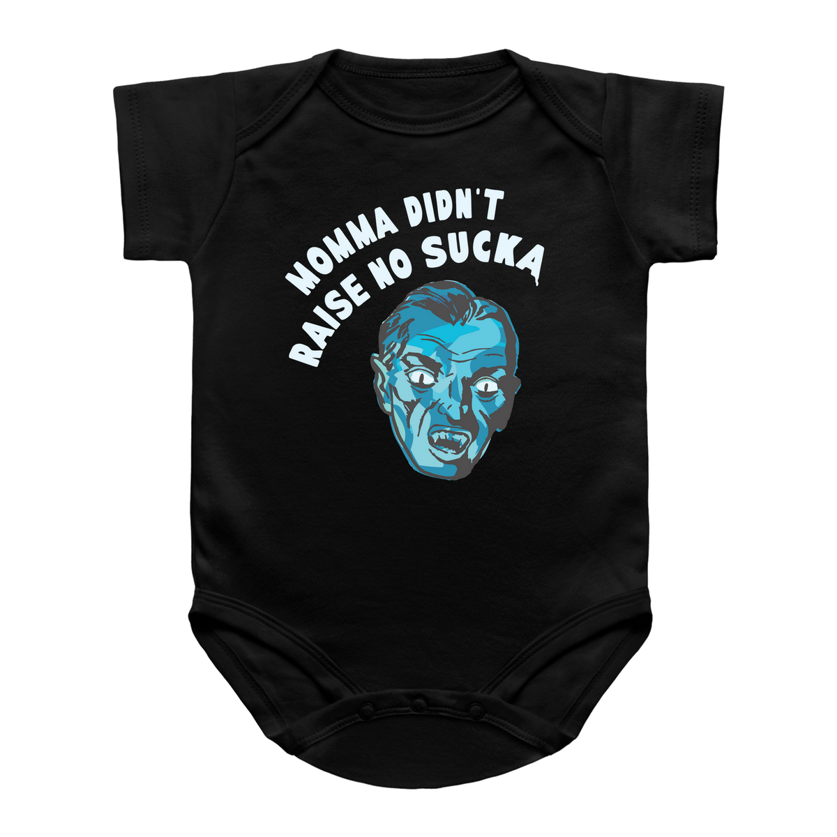 A black short-sleeve infant onesie featuring a graphic of a Halloween vampire that reads &