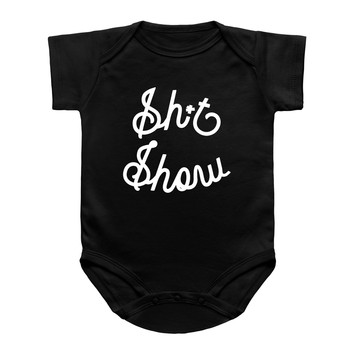 A black short-sleeve baby onesie with the phrase &
