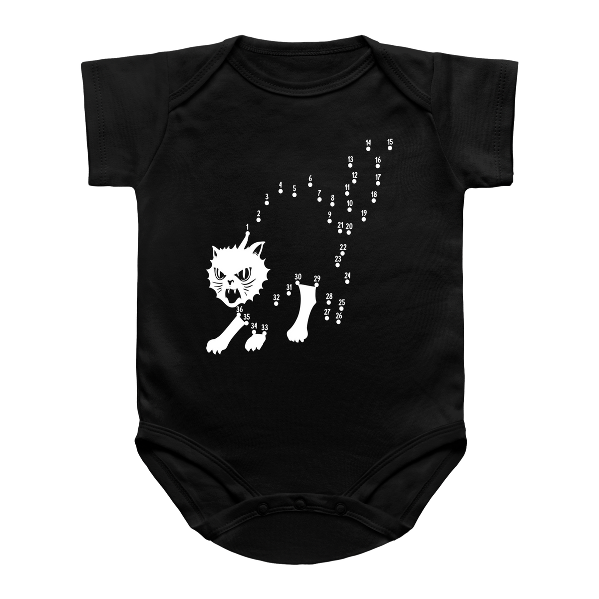 A black short-sleeve Halloween infant onesie featuring a connect-the-dots graphic of a cat&
