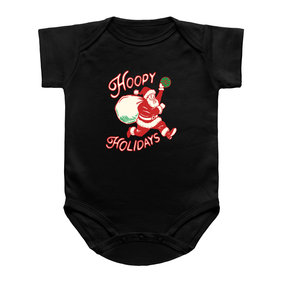 A black short-sleeve infant onesie featuring a vintage-style graphic of Santa Claus dunking a basketball with the text &