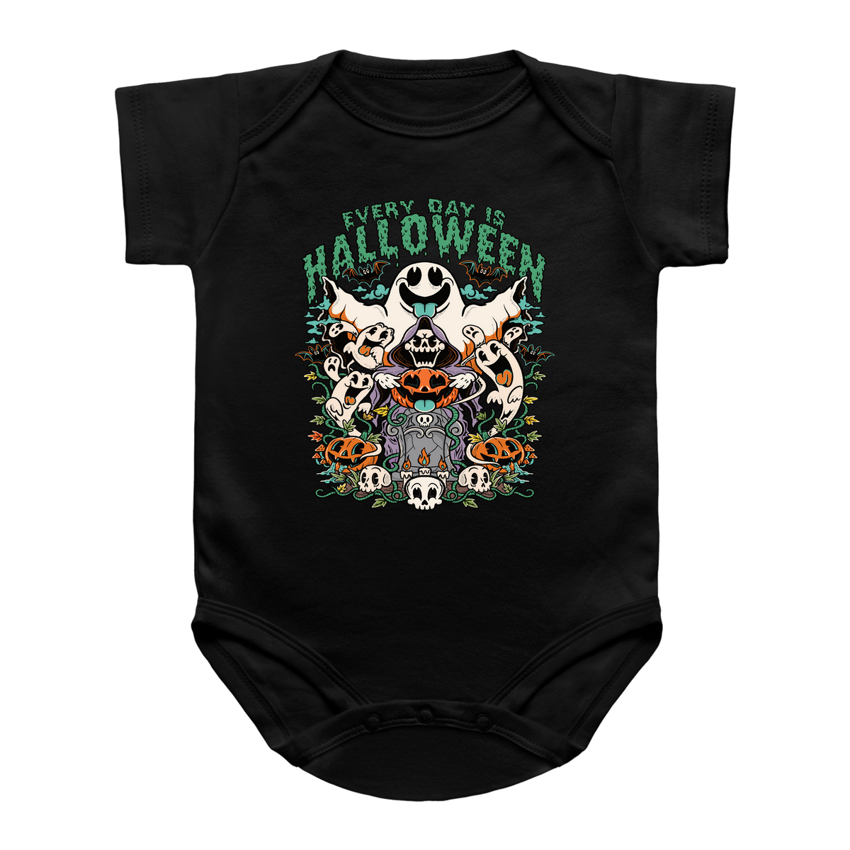 A black short-sleeve baby bodysuit featuring a colorful Halloween graphic on the chest with the text &