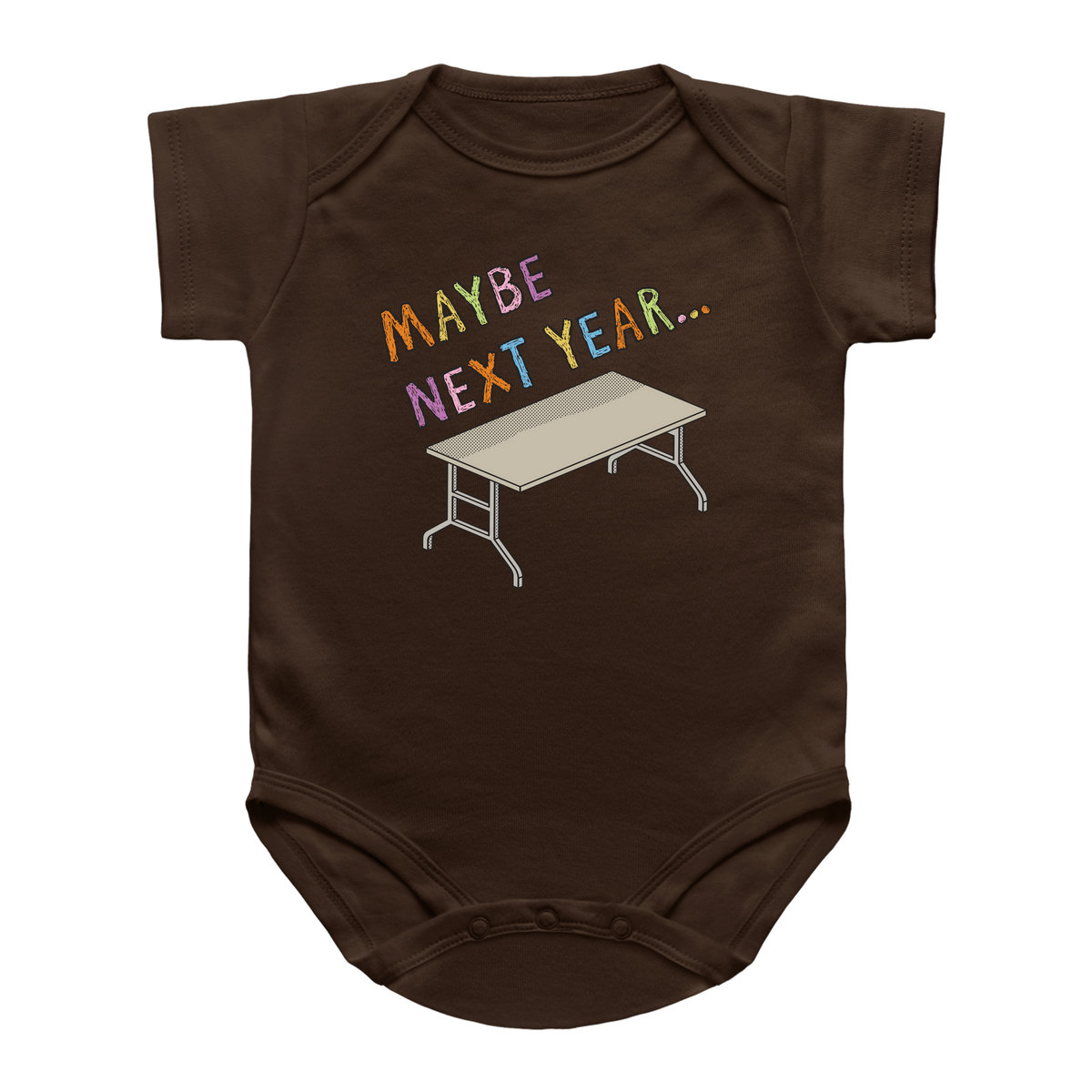A dark brown short-sleeve infant onesie featuring a graphic print of a Thanksgiving folding table and the text &