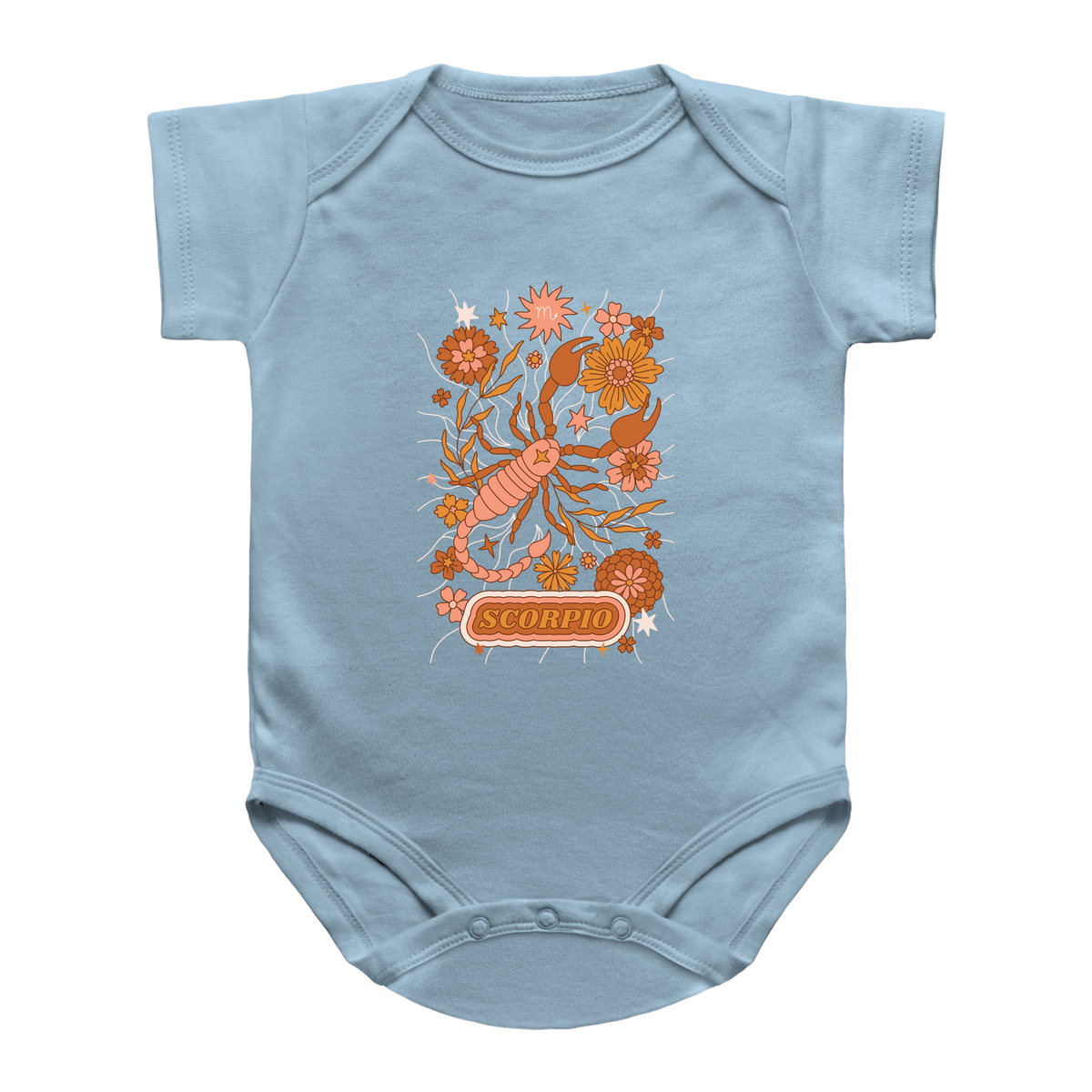 A blue infant short-sleeve baby onesie featuring a retro-style orange and yellow Scorpio zodiac graphic with flowers and a scorpion on the front, displayed against a solid white background.