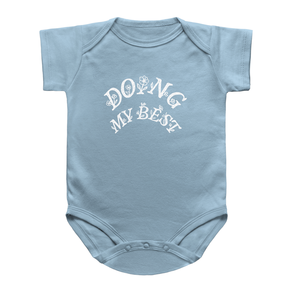 A light blue short-sleeve infant onesie with &
