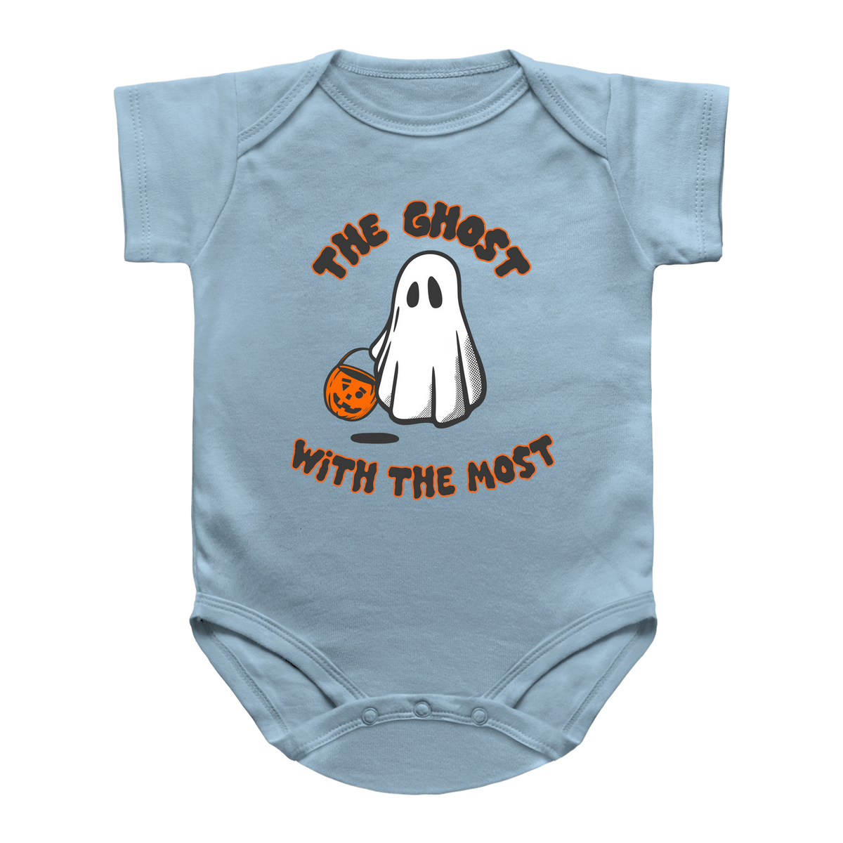 A blue baby onesie featuring a Halloween graphic of a white ghost holding an orange pumpkin, with the text &