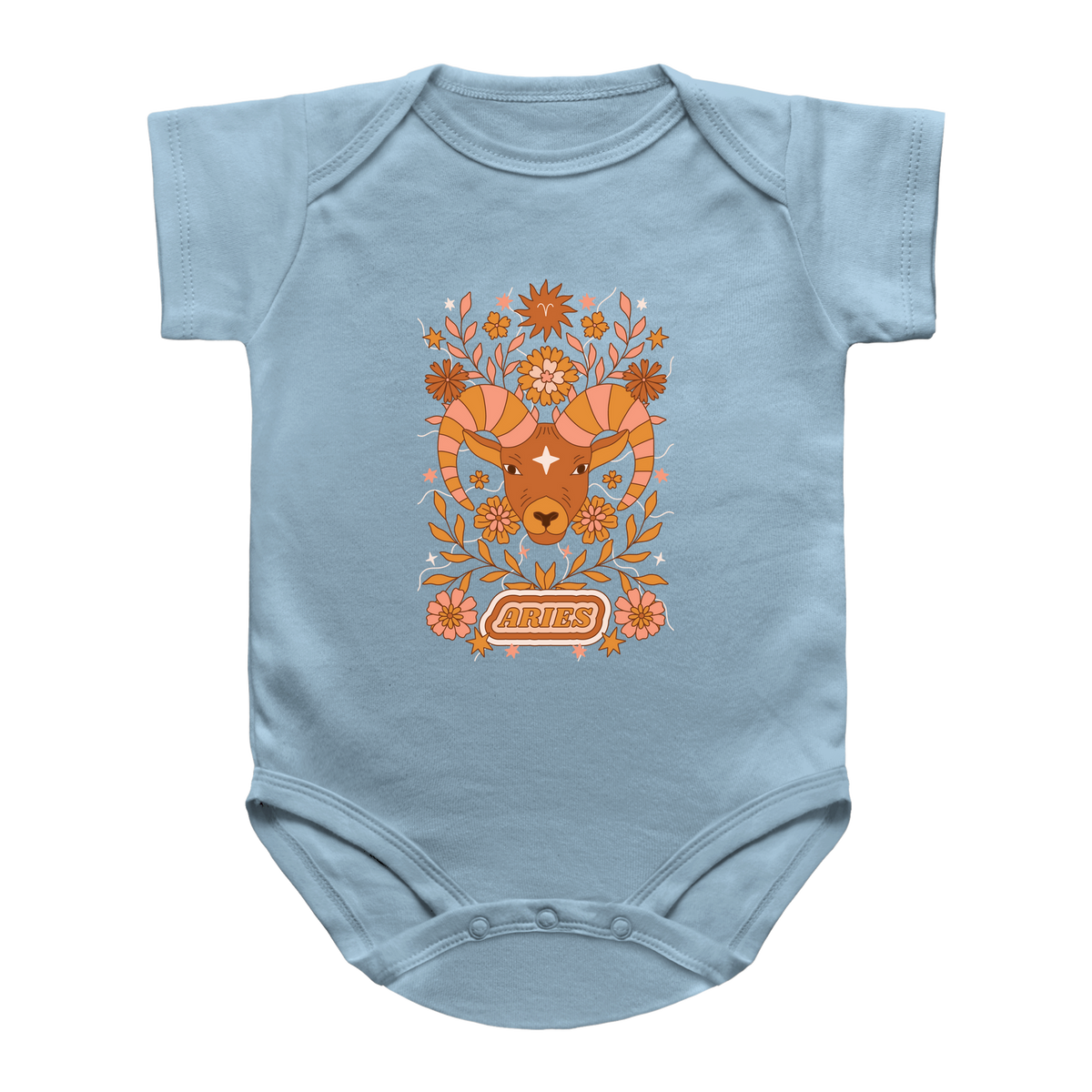 A light blue baby infant bodysuit featuring a retro-style orange ram graphic with floral elements and the word Aries on the front.