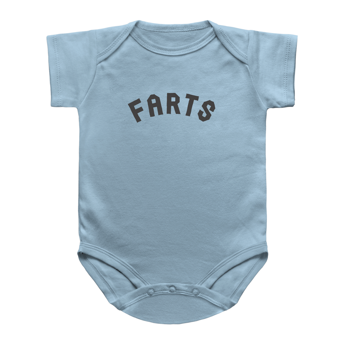 A blue infant bodysuit with the word &