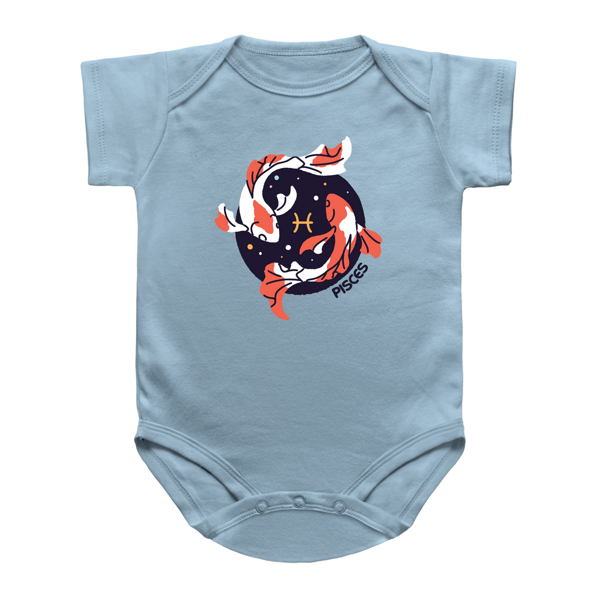A light blue short-sleeve baby bodysuit featuring a Pisces koi fish graphic on the chest, displayed against a solid white background.
