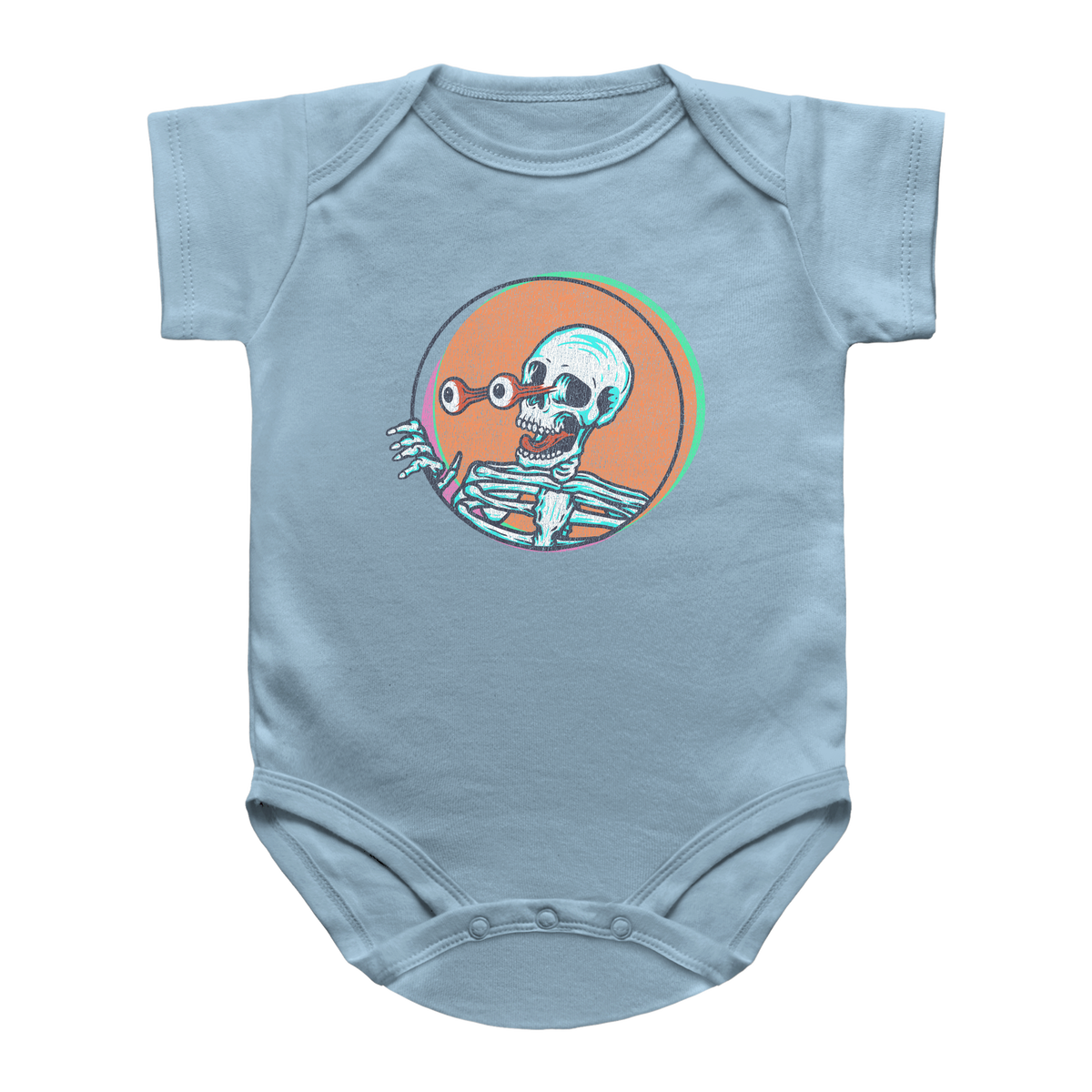 A light blue short-sleeve infant onesie featuring a Halloween skeleton graphic.