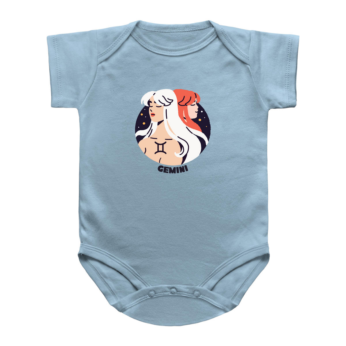 A light blue short-sleeve baby onesie featuring a circular Gemini zodiac graphic on the chest, displayed against a solid white background.