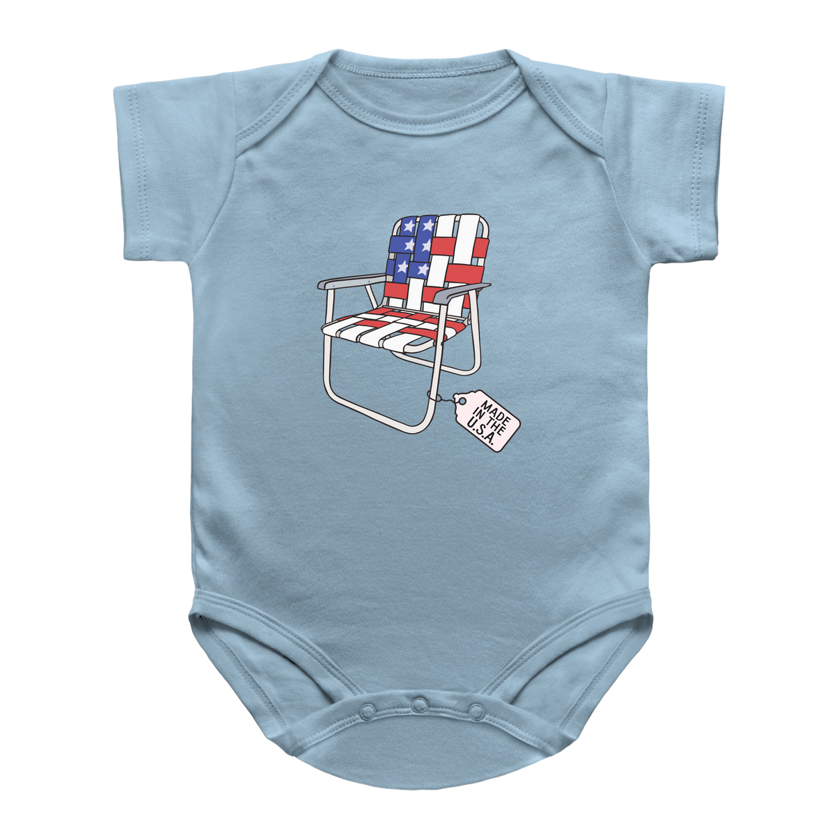 A light blue infant onesie featuring a graphic of a retro lawn chair with an American flag pattern and a tag that reads &